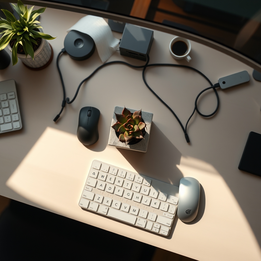 Overhead view of a tidy desk setup featuring a small succulent in a modern concrete pot, demonstrating practical placement and aesthetic harmony.
