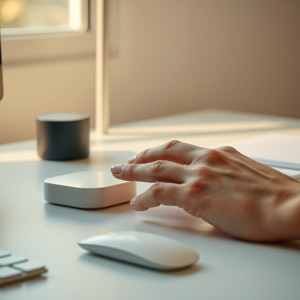 A hand gently interacting with a smooth, simple tactile desk object, demonstrating non-distracting sensory engagement.