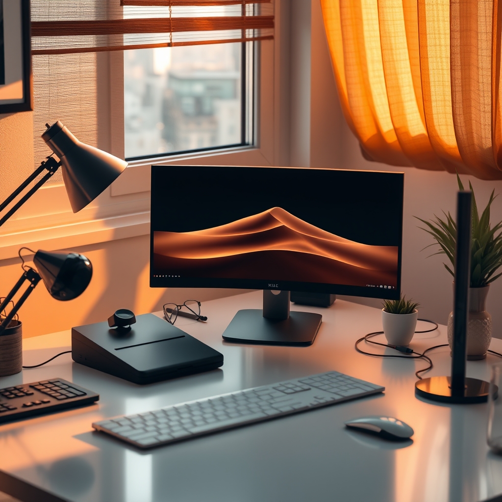 A focused, clean workspace with a TKTM Liquid Motion Sandscape subtly integrated, aiding concentration without distraction.