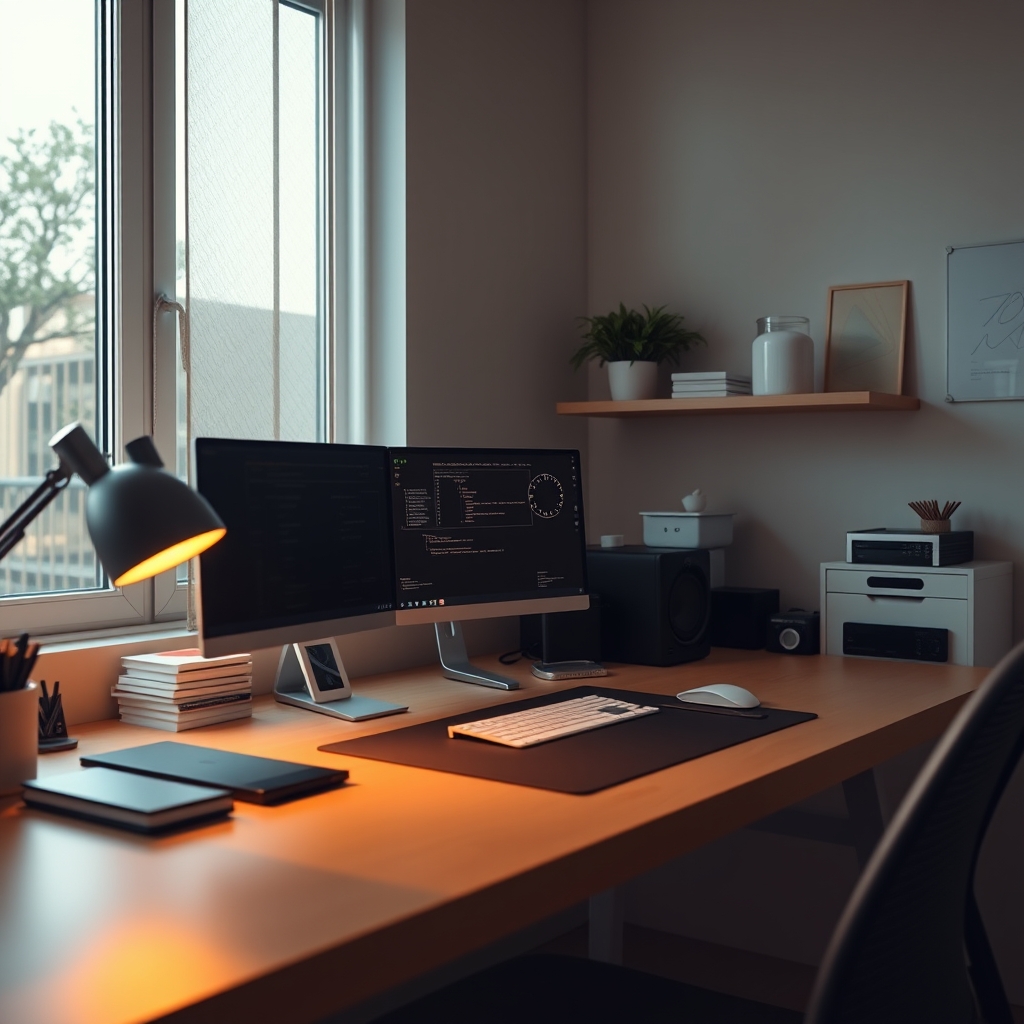 A minimalist desk setup with intentional, soft desk lighting emphasizing a focused work area.