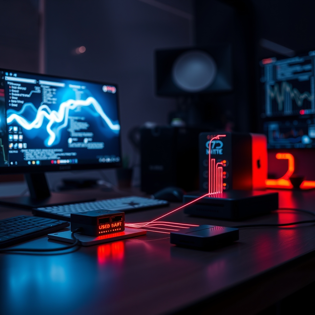 Conceptual diagram showing signal integrity comparison between a direct USB connection, a high-quality USB hub, and a low-quality USB hub, illustrating latency and noise.