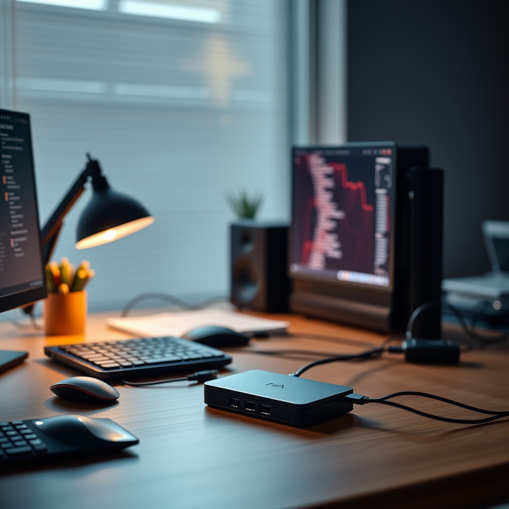 Before and after image of a desk, showing a messy setup with many cables versus a clean, organized setup utilizing a USB hub for consolidation.