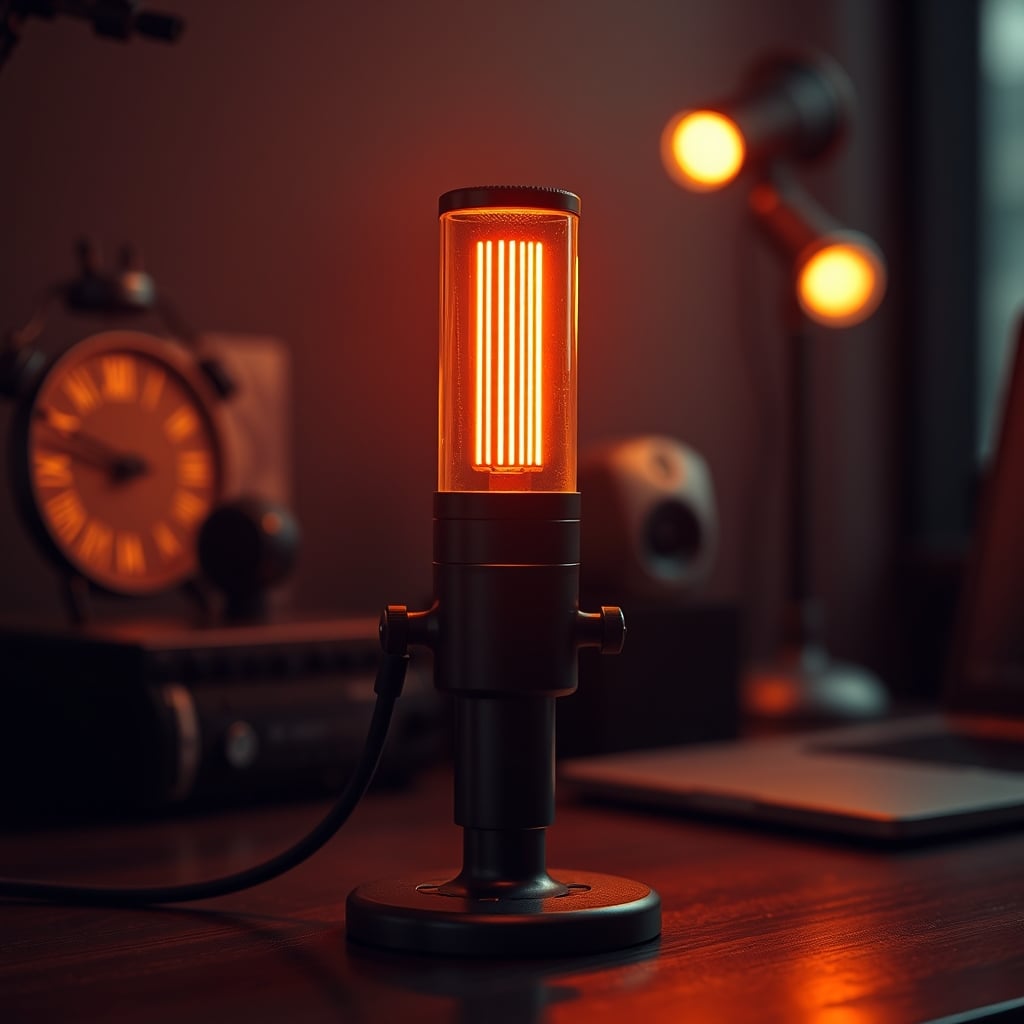 A close-up of a glowing tube microphone, representing the 'warm' but hot and impractical vintage aesthetic.