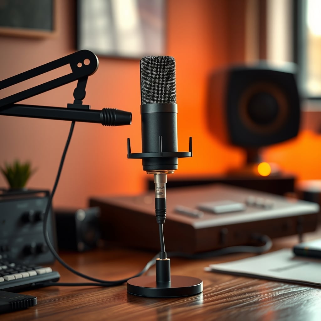 A modern, solid-state condenser microphone mounted on a boom arm, representing a clean and practical choice.