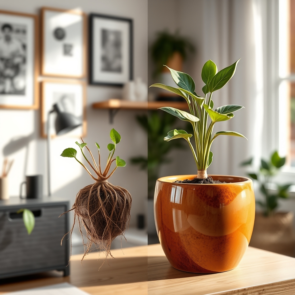 Side-by-side comparison of plant root systems: one healthy and fibrous in a raw terracotta pot, another struggling in a glazed ceramic pot due to poor aeration.