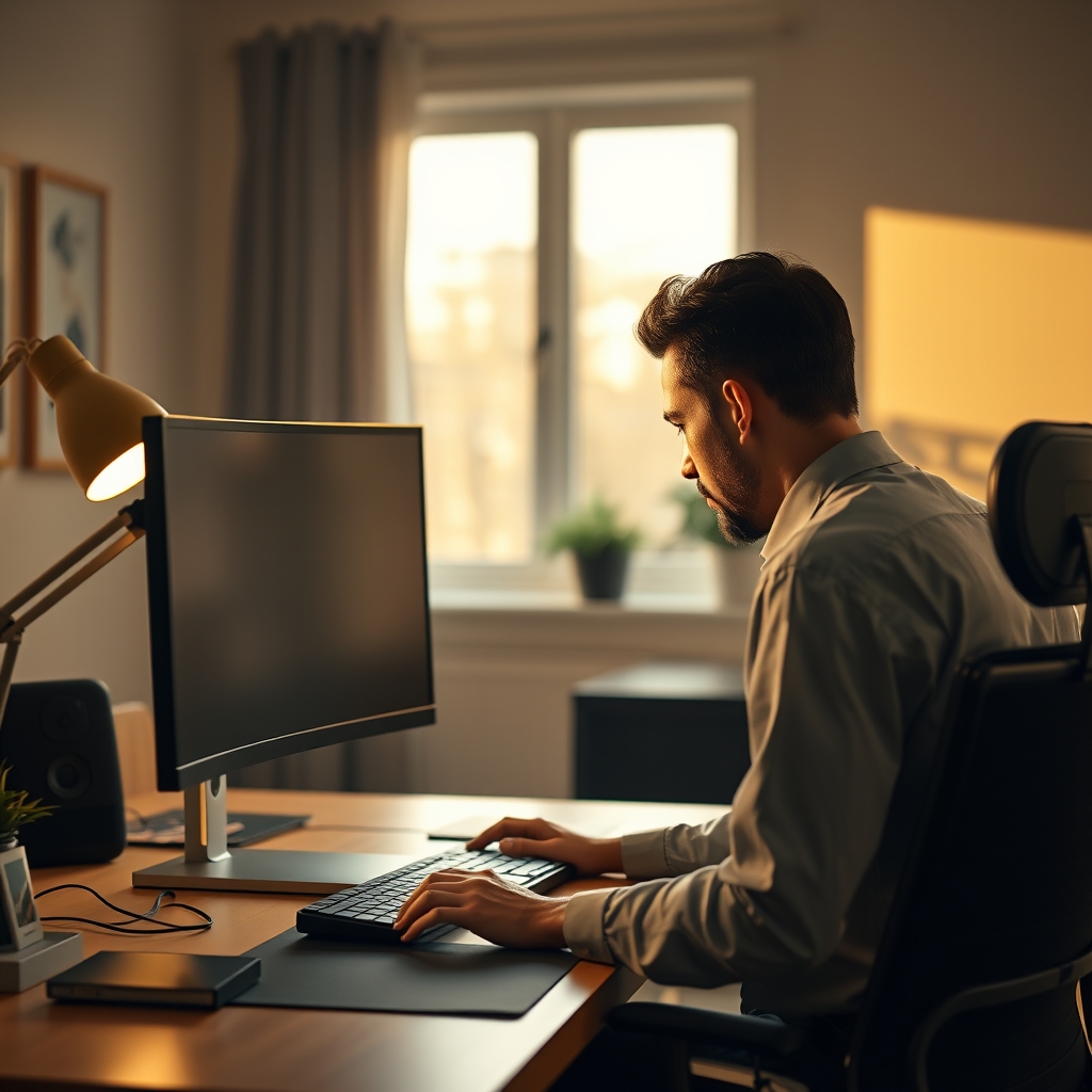 A person deeply focused on a task on a single computer monitor, their hands on a keyboard, with a clean and calm desk environment surrounding them, devoid of distractions.