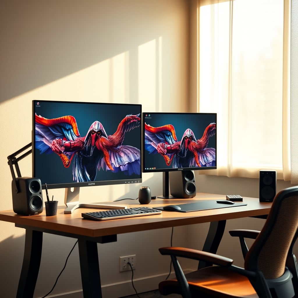 Clean desk setup with primary monitor centered and lower, secondary monitor angled to the side, showing ideal posture.