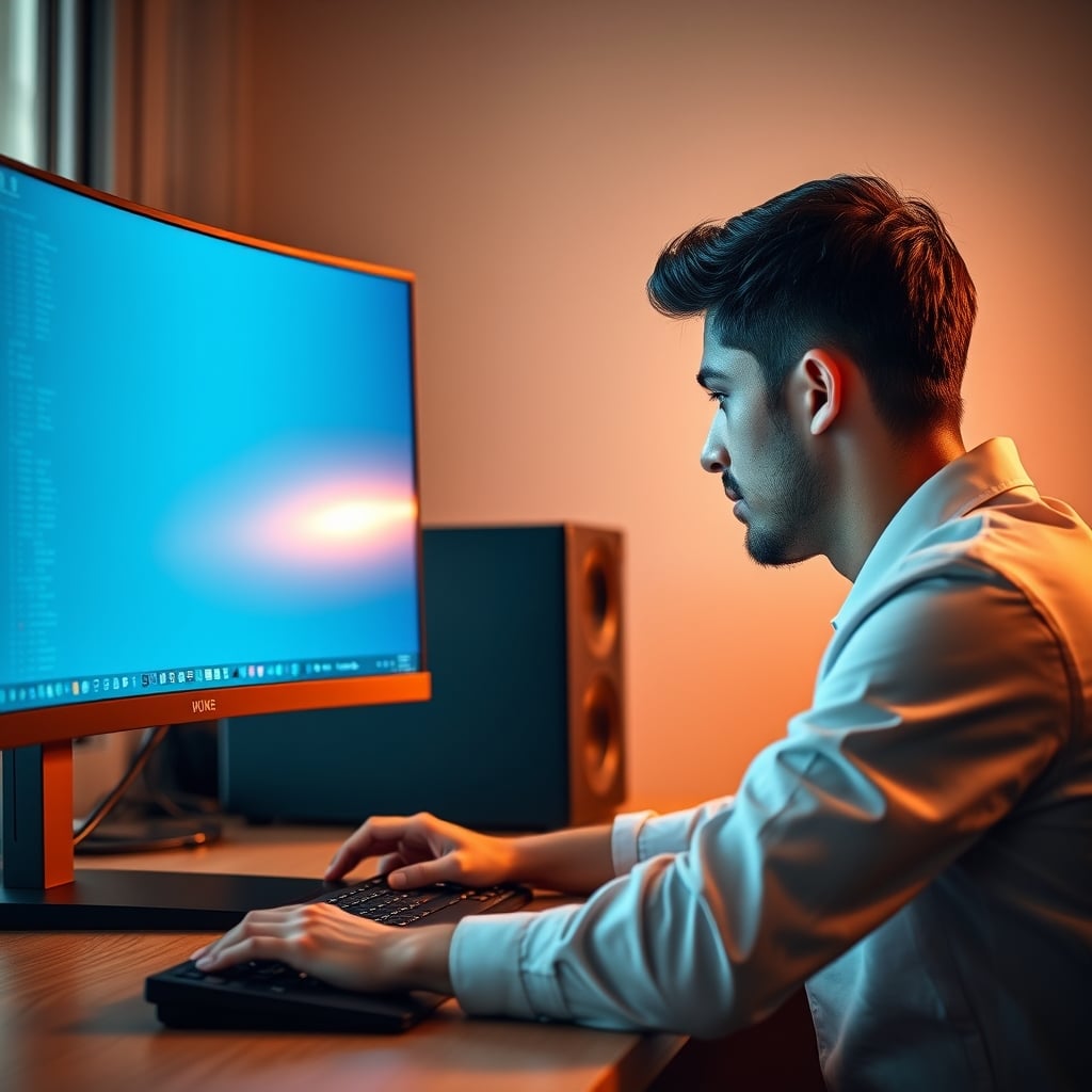 Close-up of a person's relaxed shoulders and neutral neck position while working with two monitors on arms.