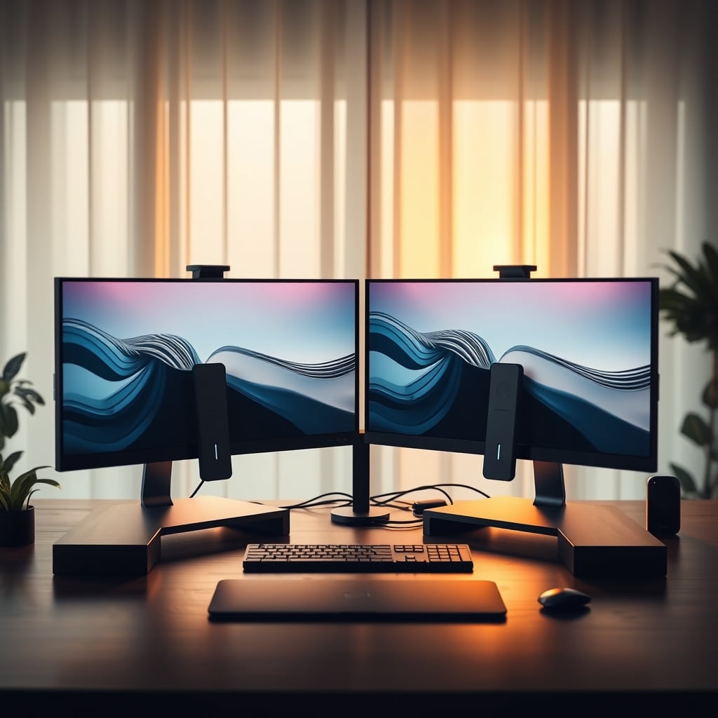 A person at a desk with two monitors lined up symmetrically, demonstrating poor neck posture by twisting to look at one screen.