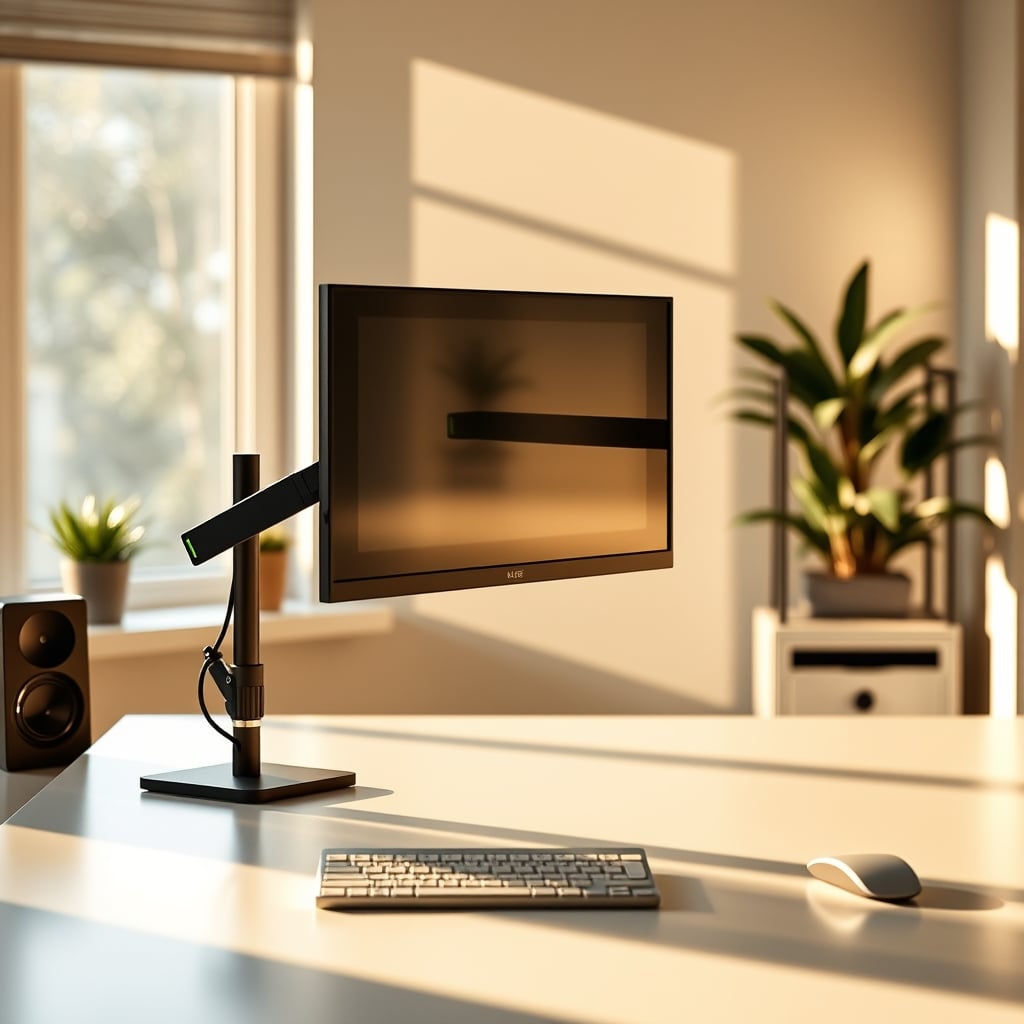 A small but efficient desk with monitor on wall arm, keyboard on desk, and clear surface.