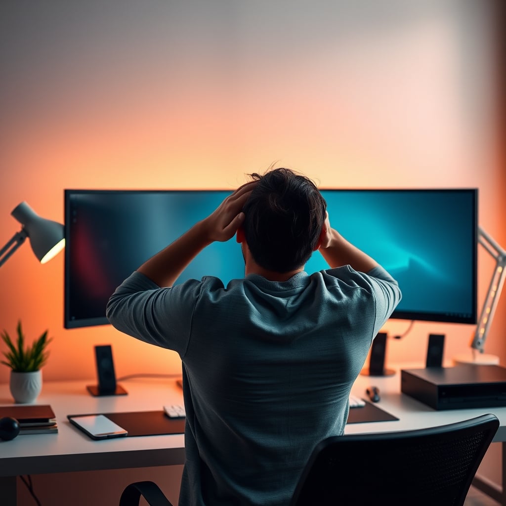 Person showing neck strain from using an overly wide ultrawide monitor
