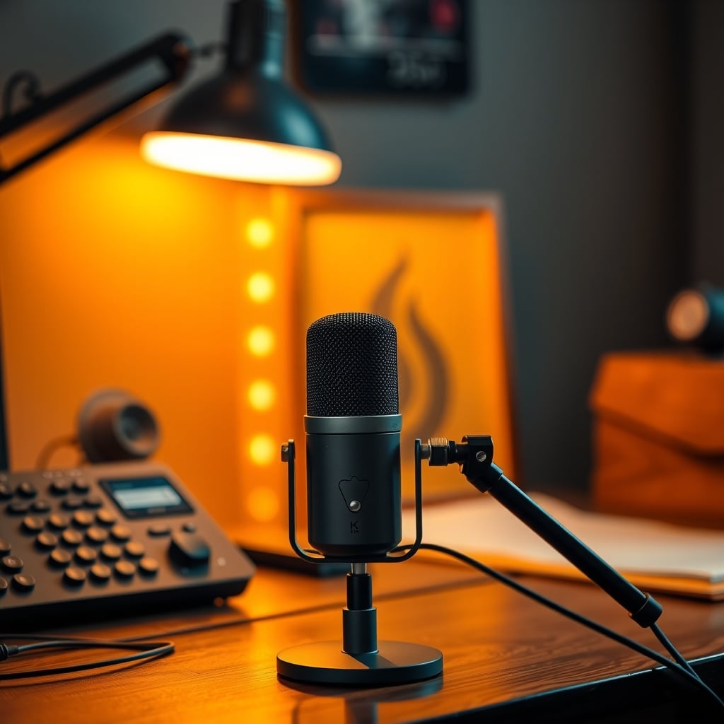 Close-up of a cardioid desk microphone in a home office