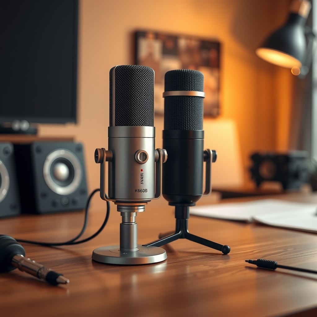 Two budget USB microphones side by side on a desk
