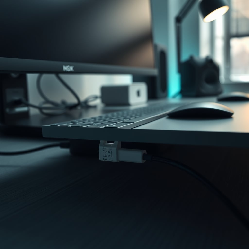 Close-up of failed adhesive from a cable clip leaving residue and grime on a desk
