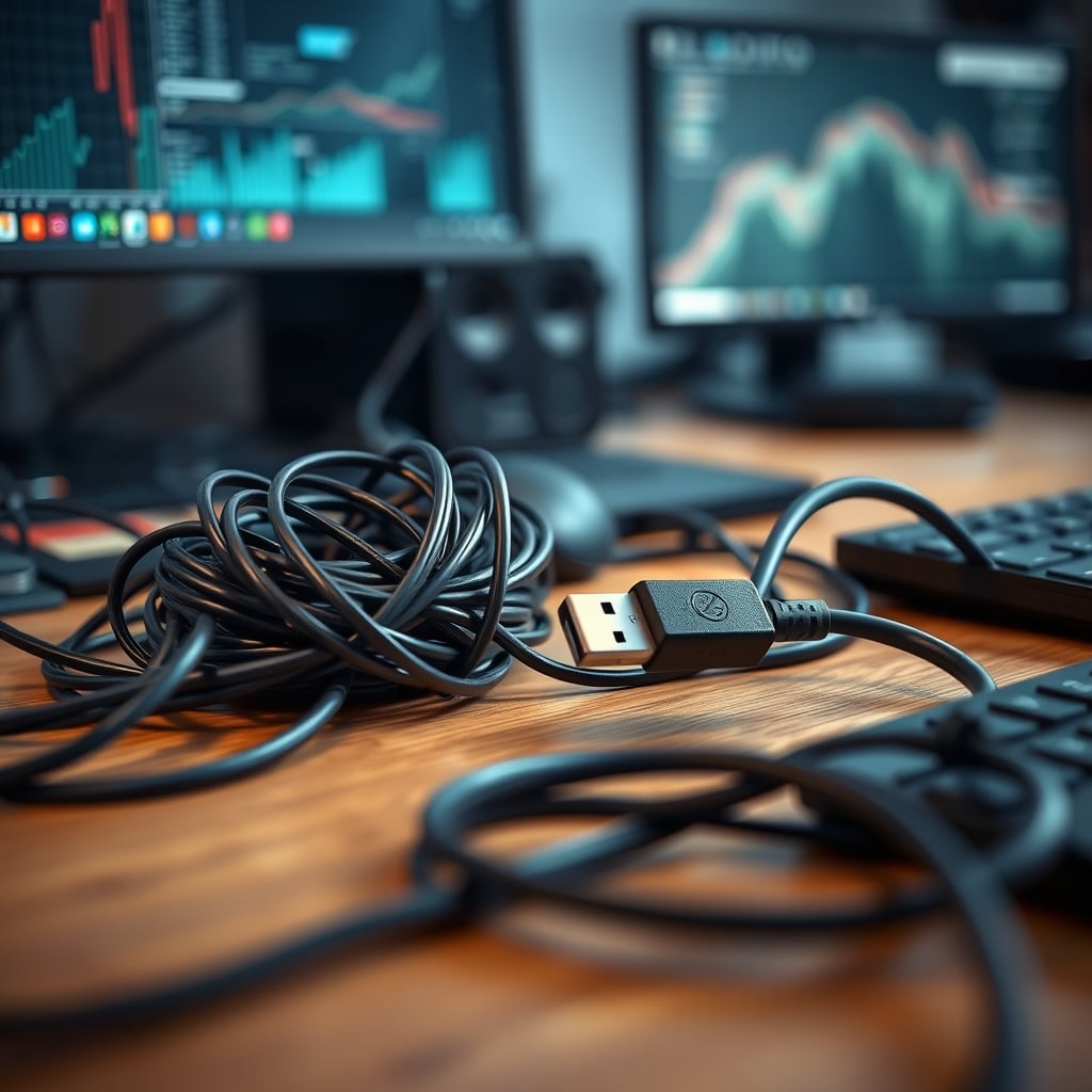 A comparison shot: one side shows a neat desk with a single cable to a laptop, the other reveals a tangled mess of cables behind the hub.