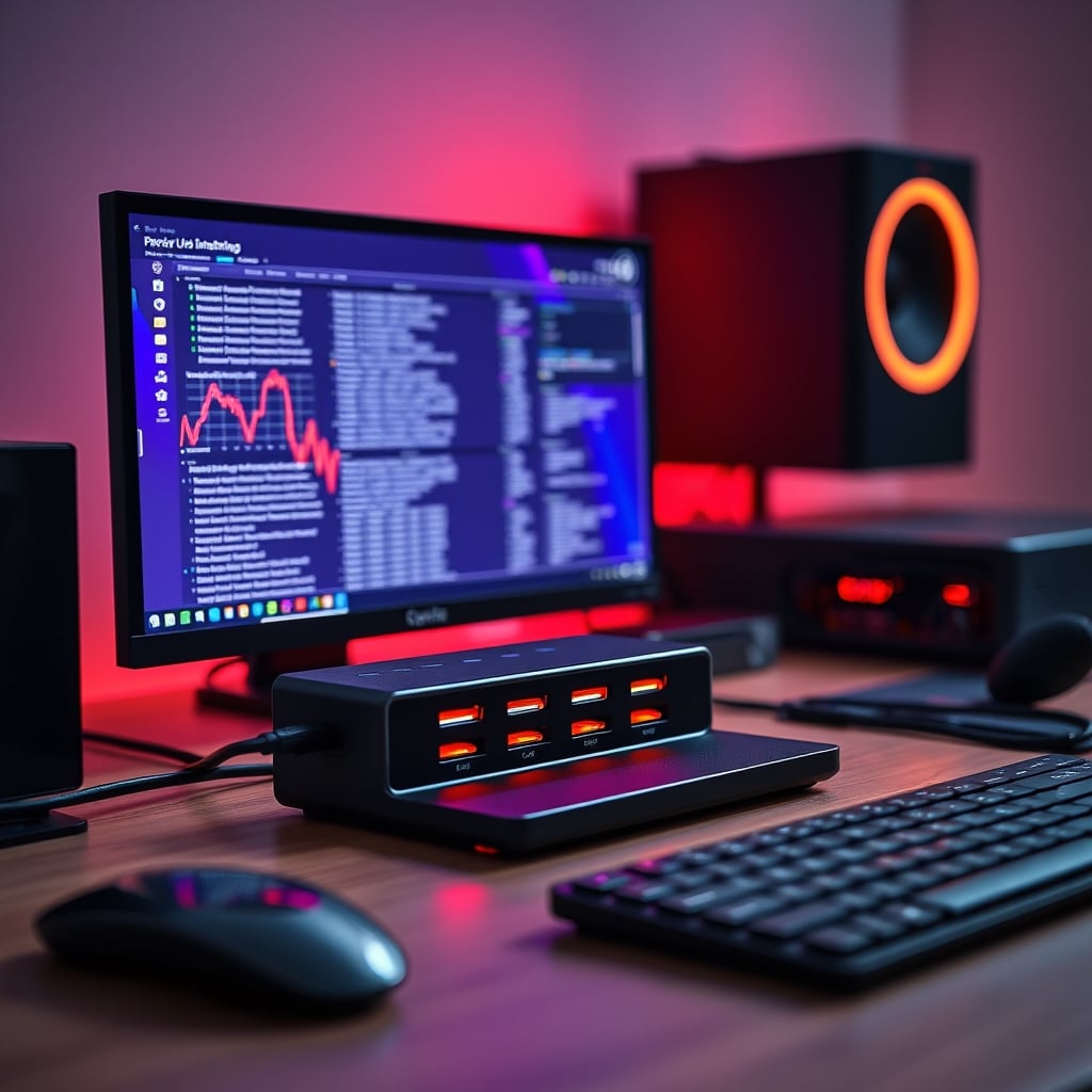 Thermal imaging camera view showing a USB C hub glowing bright red with heat on a desk.