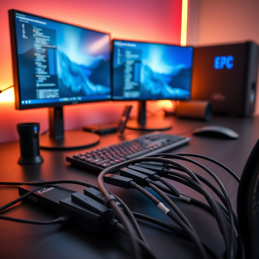 A clean, professional editing workstation with individual, well-routed cables for power, monitor, and audio—no central hub.