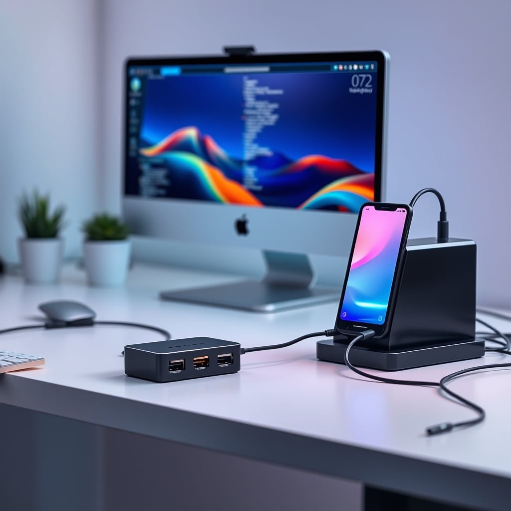 A desk setup showing a laptop connected to a powered multi-port USB hub and a separate multi-device charging station.