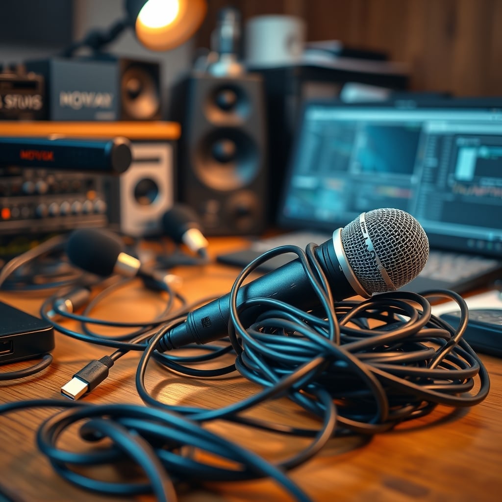 A messy desk with several different USB microphones, representing the overhyped and cluttered reality of the category.