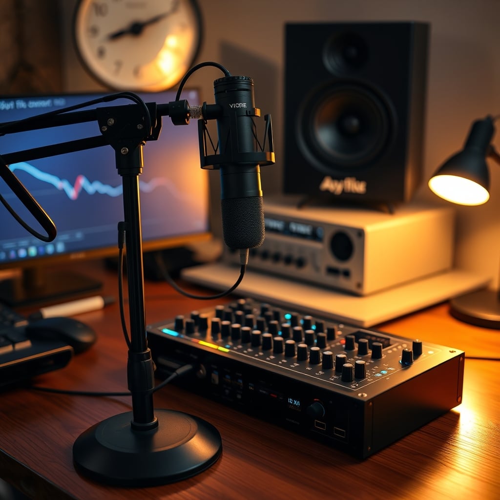 A minimalist desk with a single XLR microphone connected to a compact USB-C audio interface.