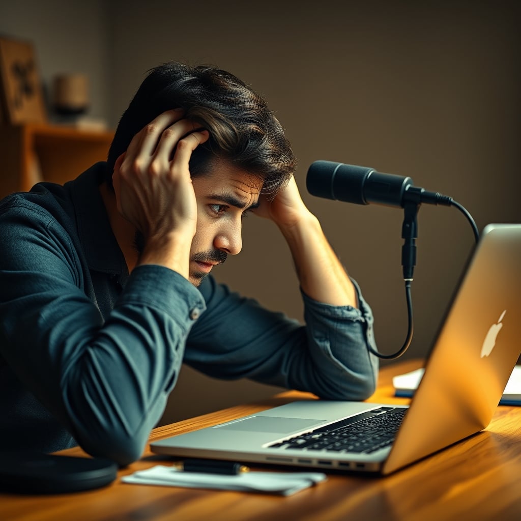A creator looking frustrated at their computer while using a USB microphone.