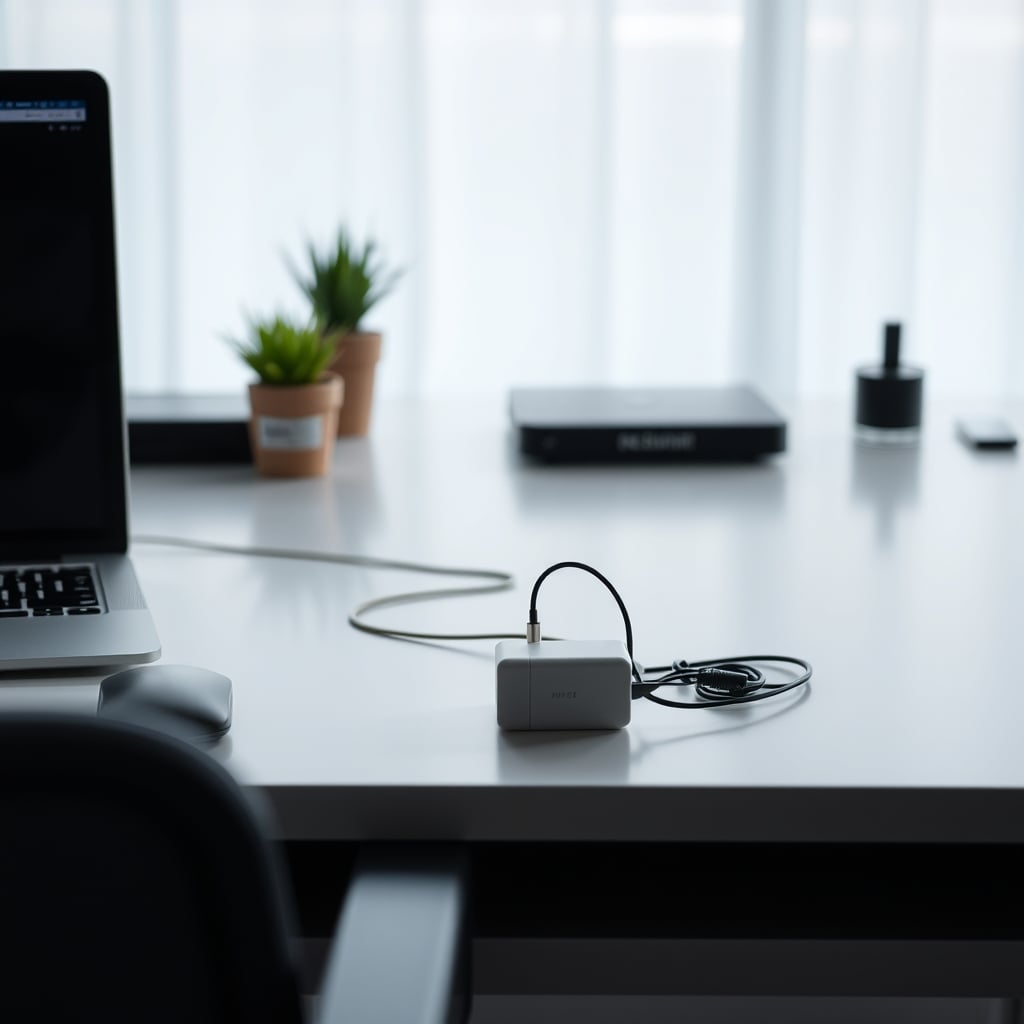 A minimalist, high-performance desk with one laptop connected to one dedicated high-wattage charger