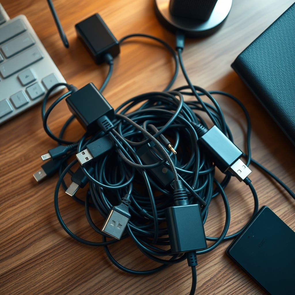 A chaotic jumble of various USB C cables and power adapters creating desk clutter