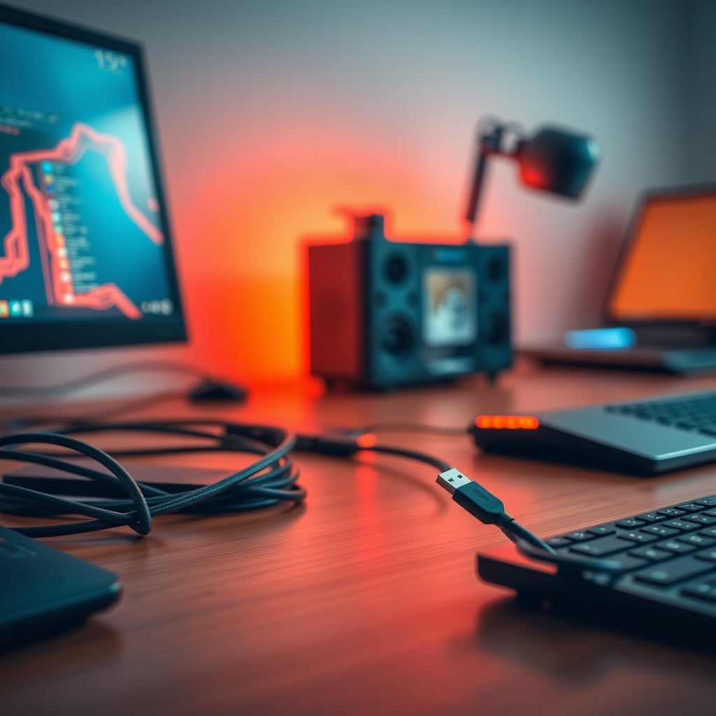 A cluttered desk with tangled cables next to a clean setup with a single, neatly routed USB-C cable.