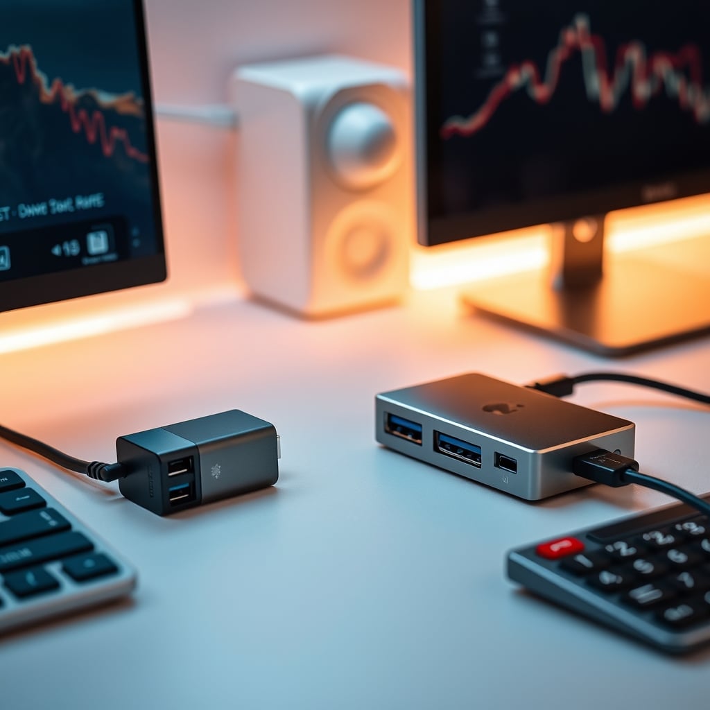 Simple single-port adapters next to a complex docking station