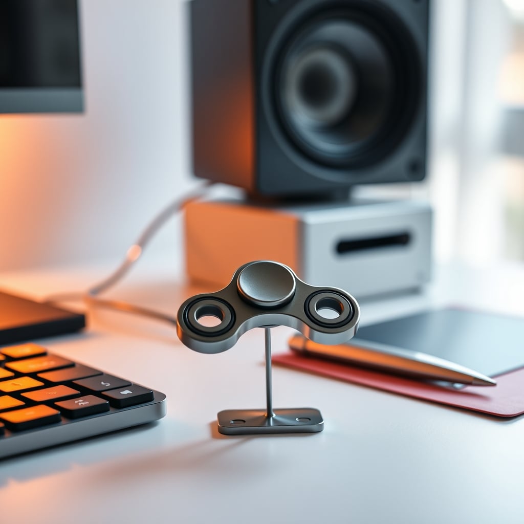 A non-electronic metal fidget spinner on a clean desk