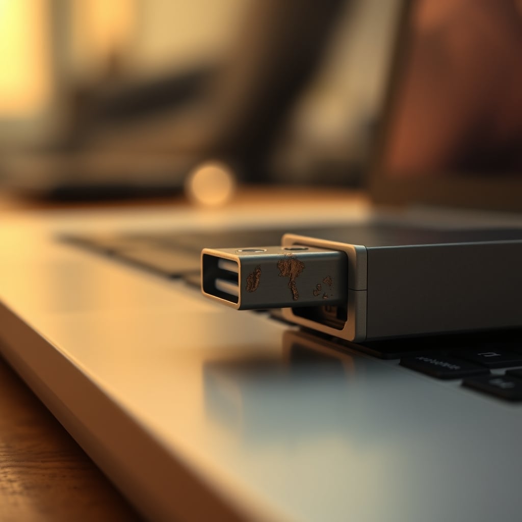 Close-up of a damaged USB port showing wear and tear