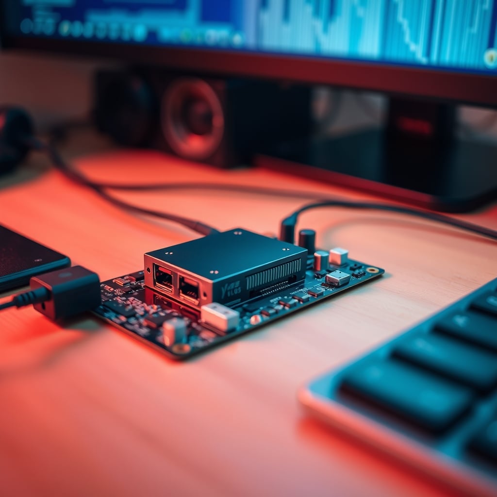 Close-up of the main controller chip on a USB hub circuit board
