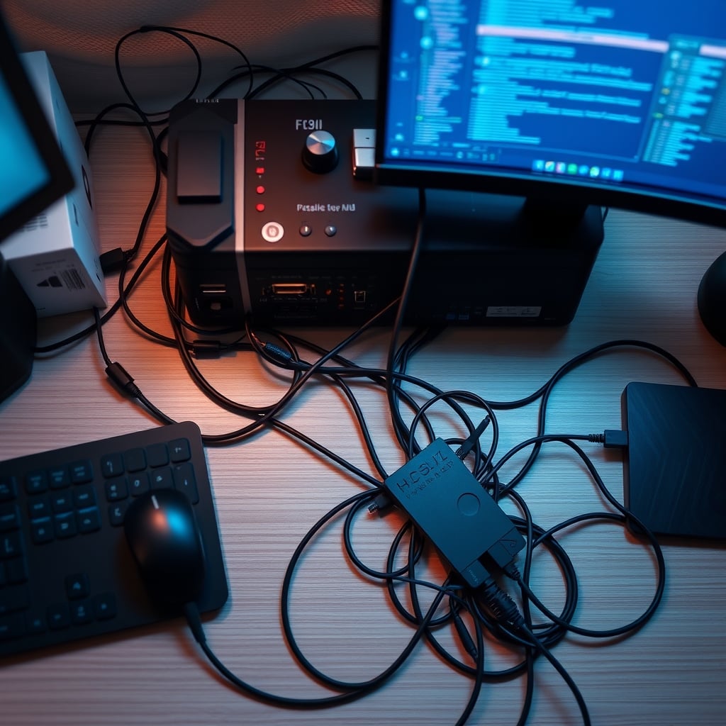 A tangled mess of USB cables plugged into a hub, representing a bandwidth bottleneck