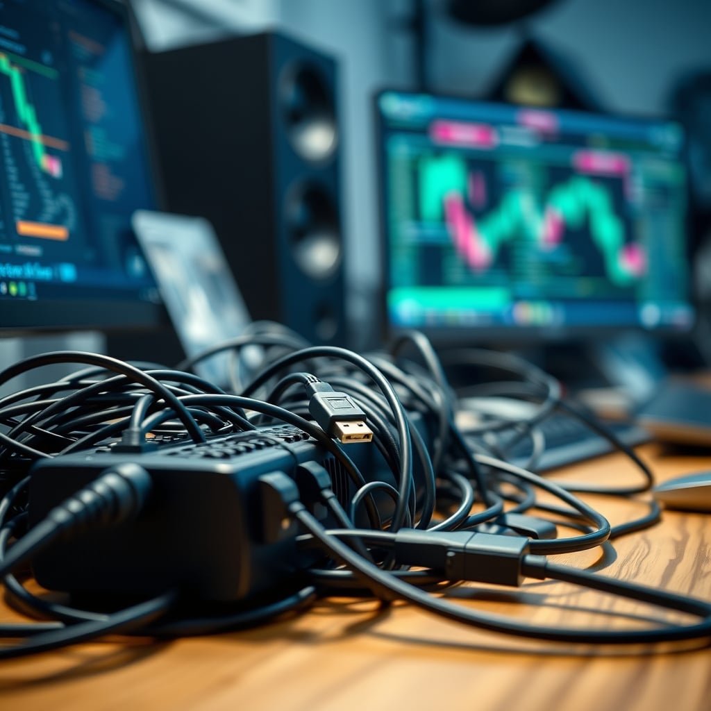 A tangled mess of cables leading into a cheap USB hub on a cluttered desk