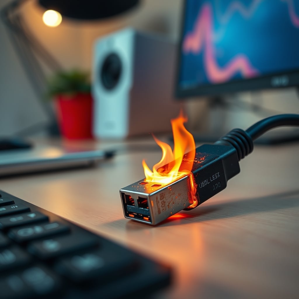A melted and burnt USB-C hub, showing the physical damage caused by chronic overheating.