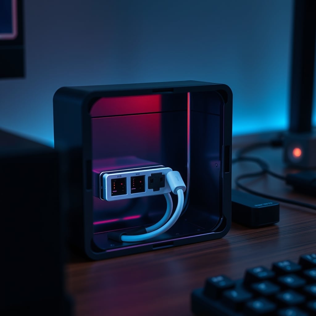 Thermal camera image showing a USB hub glowing hot inside a sealed cable management box.