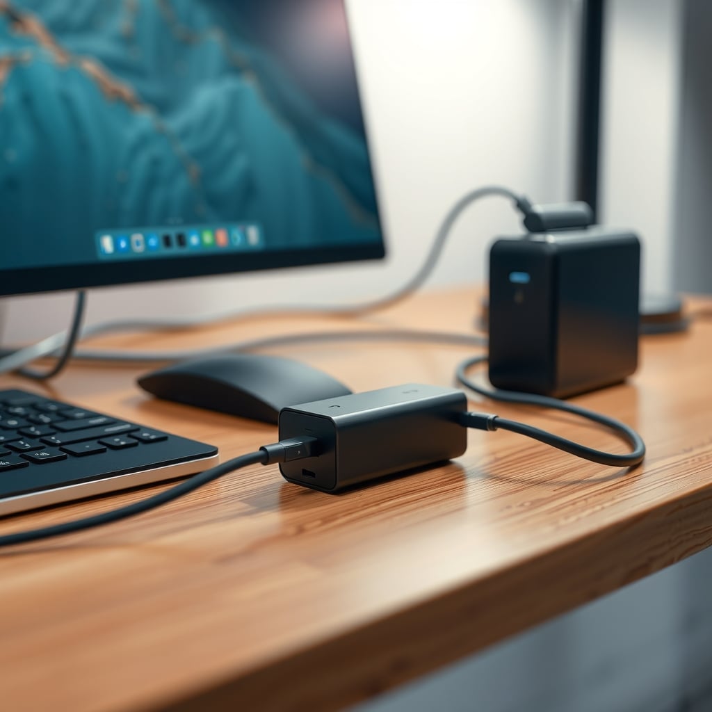 Compact USB-C hub connected to a power delivery charger on a wooden desk