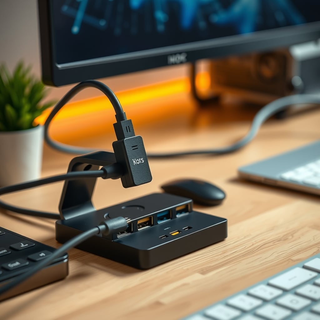 USB hub mounted under a desk with slack left at the uplink cable connector