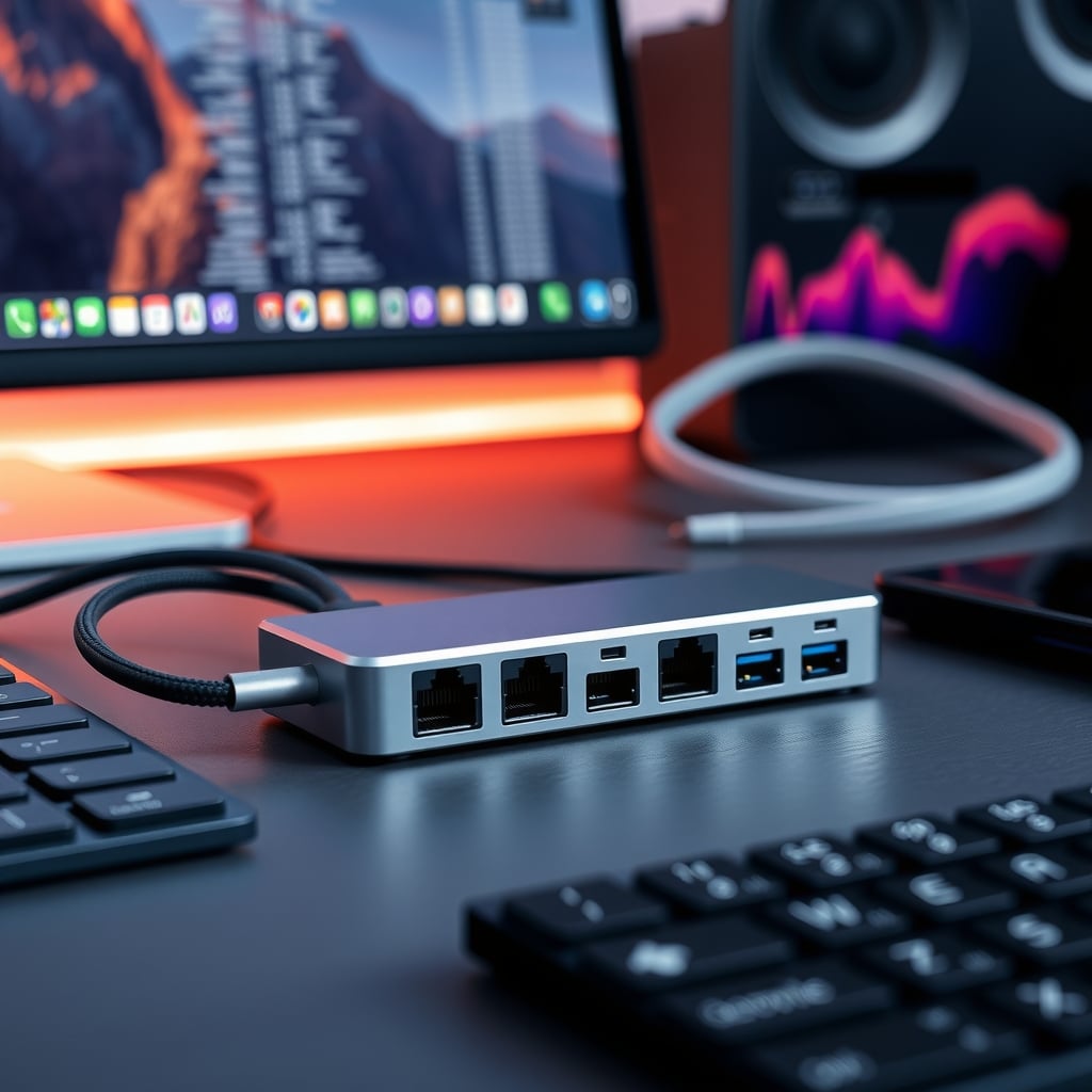 Aluminum multi-port USB-C hub showing USB-A ports, HDMI and ethernet