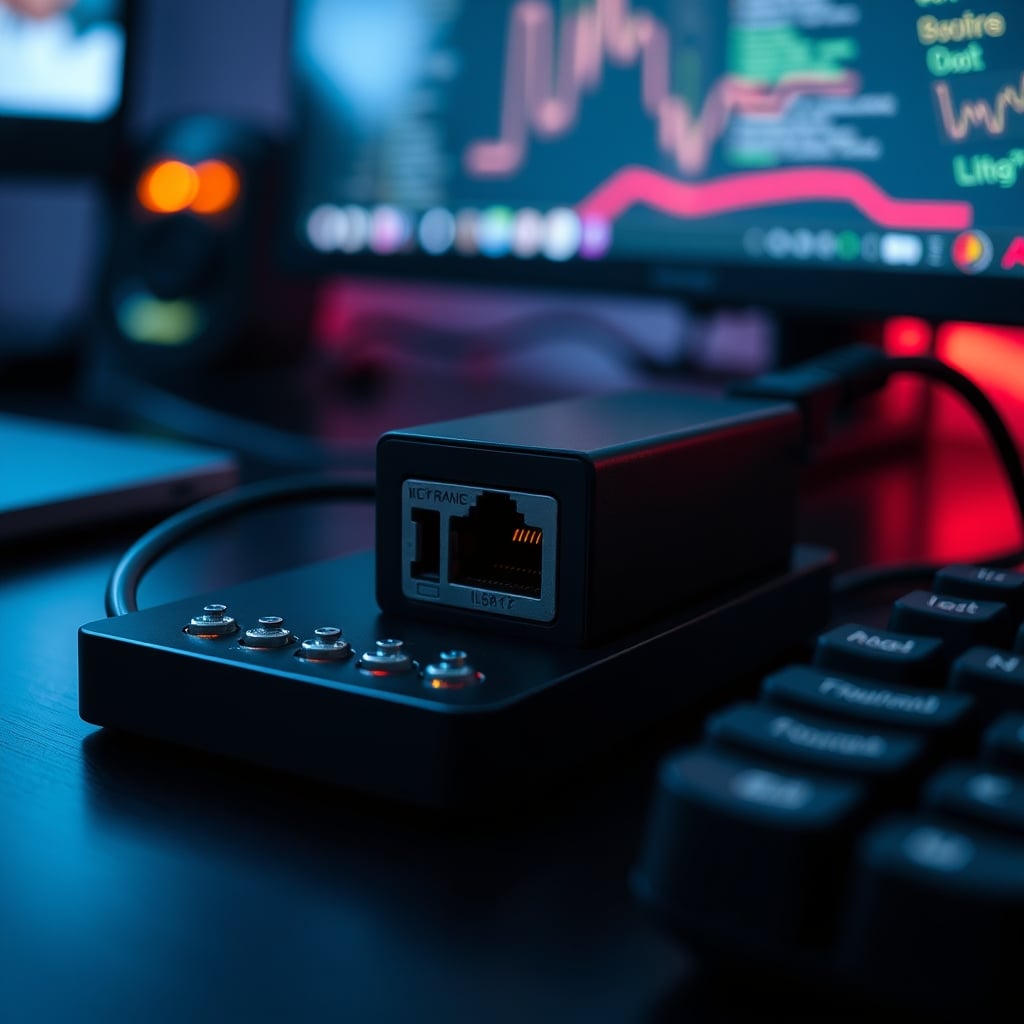 A USB hub with an Ethernet port on a dark desk, suggesting a network vulnerability.