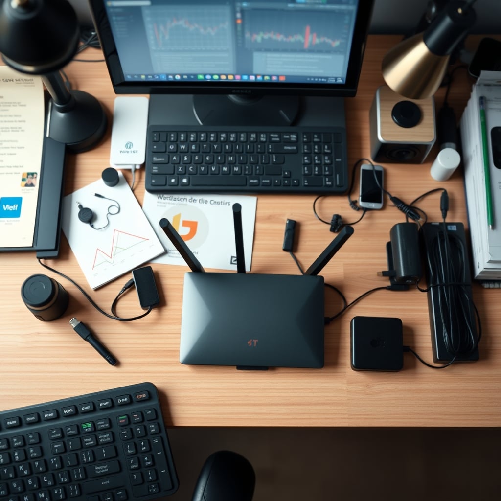 A bird's-eye view of a messy desk setup with a WiFi router tucked behind a monitor and a USB hub surrounded by cables, illustrating poor RF hygiene.
