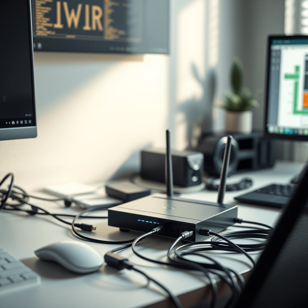 A clean, minimalist desk with a WiFi router positioned prominently on a shelf, cables neatly separated and routed.