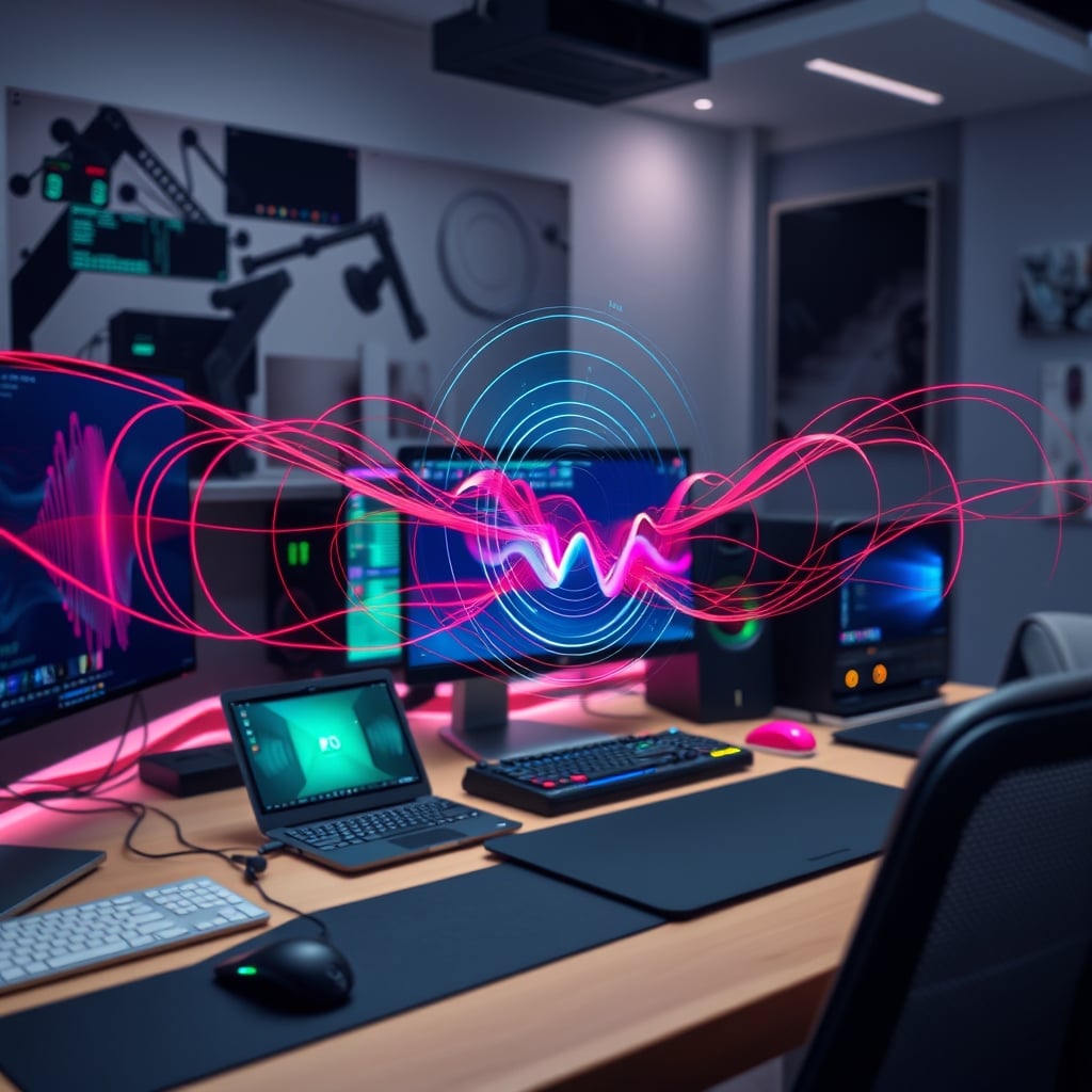 An artistic representation of colorful RF interference waves emanating from a laptop, power supplies, and a wireless mouse on a desk.
