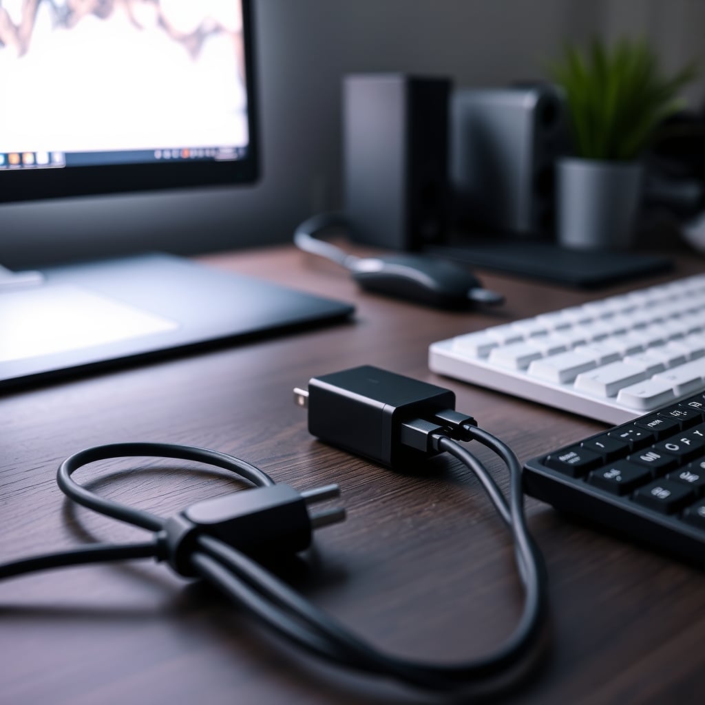 A clean desk with a laptop using its dedicated power brick, separate from data cables.