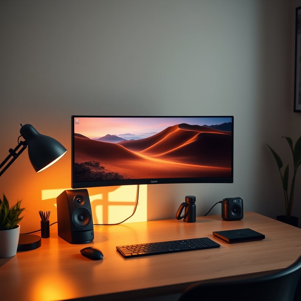 A clean, productive small desk with a single ultrawide monitor