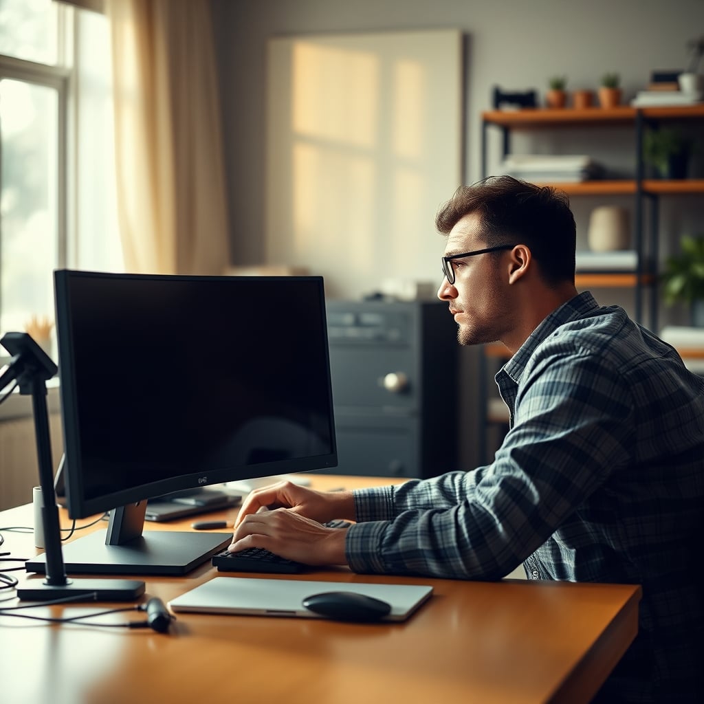 Person experiencing neck pain from a poorly arranged vertical dual monitor setup