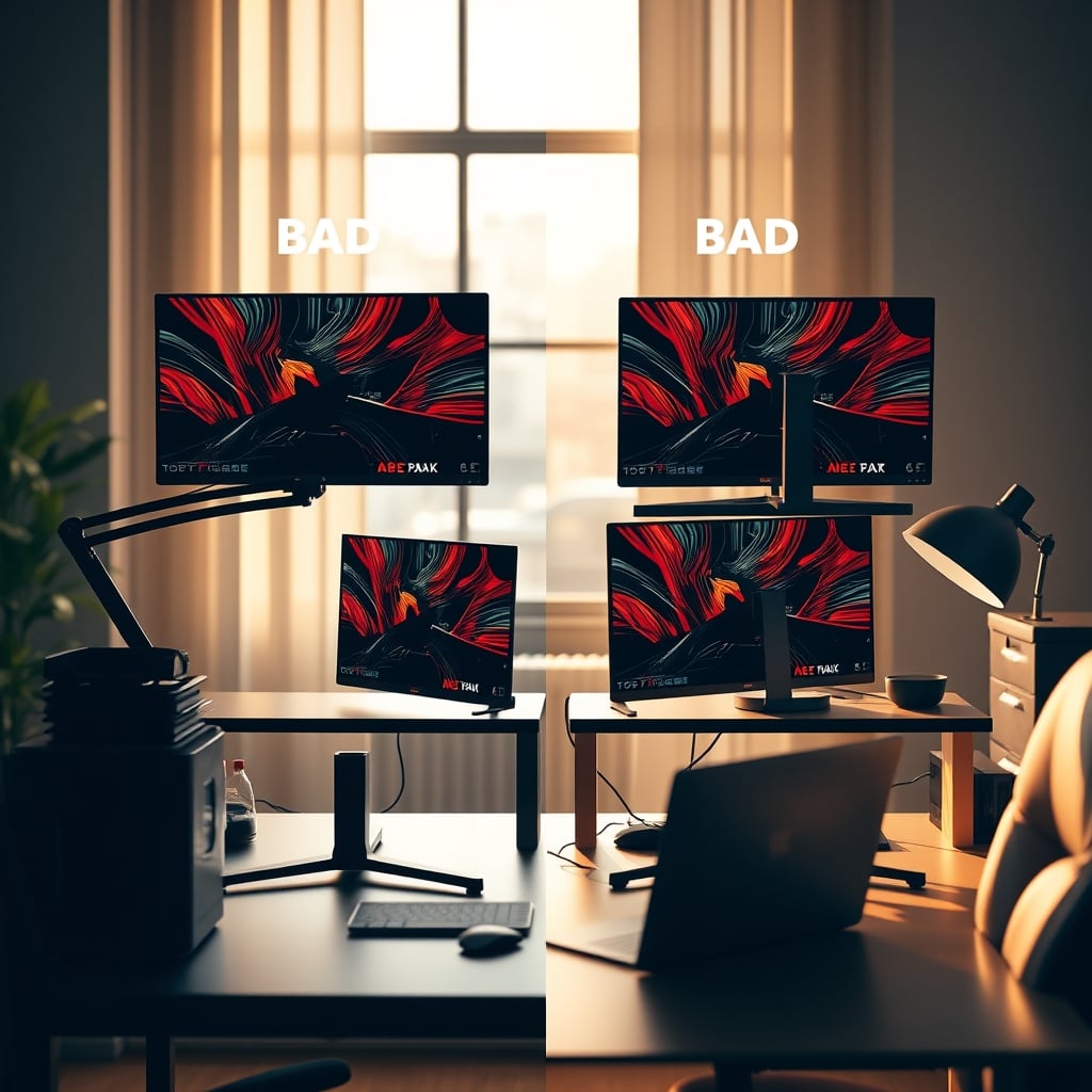 Diagram comparing a healthy side-by-side monitor setup to an unhealthy vertical stack