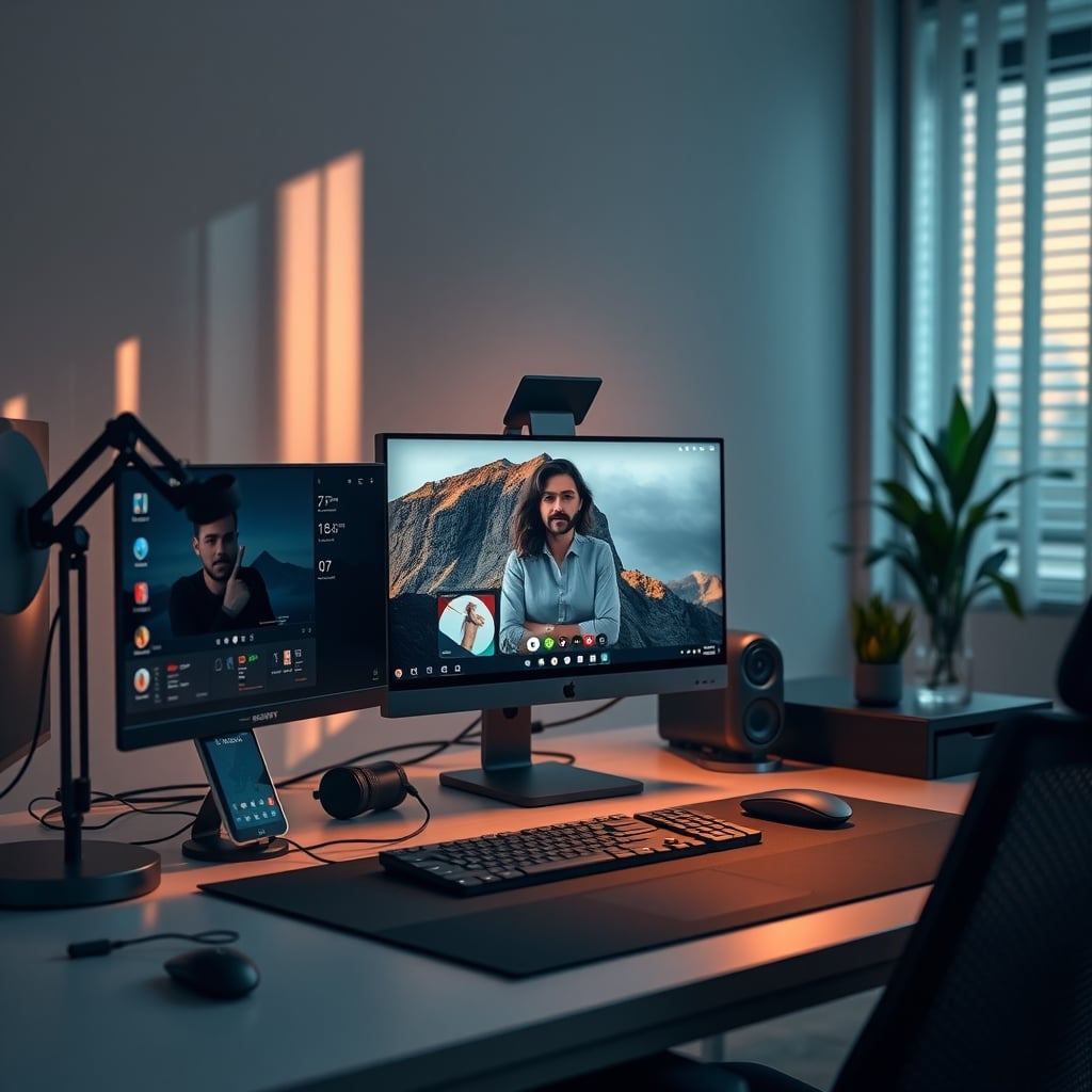 Home office desk with a key light panel above the monitor
