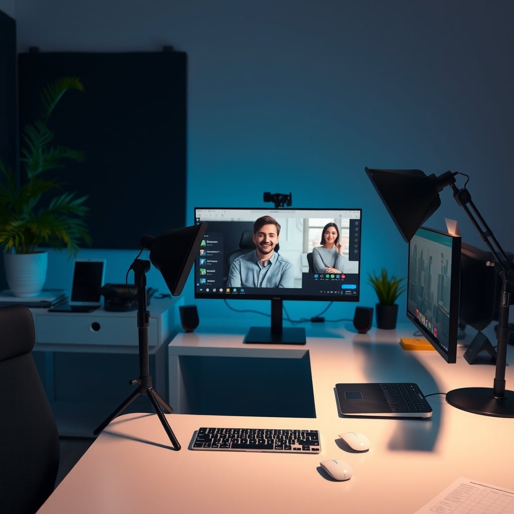 Desk setup with a softbox light for professional video calls