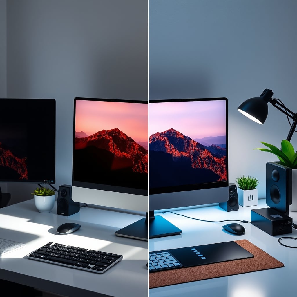 A visual comparison showing a high-resolution, poorly lit video feed on the left (dark, harsh shadows) against a lower-resolution, perfectly lit video feed on the right (bright, even skin tone, clear image).